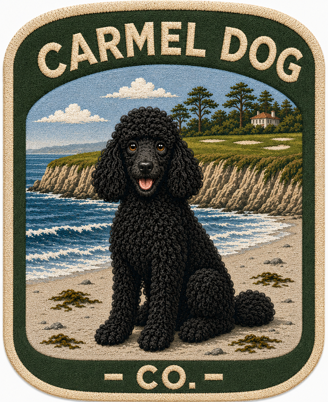 Black Poodle sitting on Carmel Beach with ocean and cliffs in the background, featuring 'Carmel Dog Co.' text.