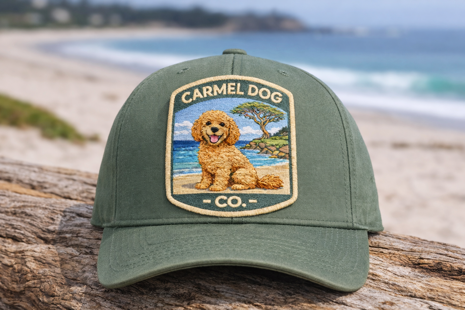 Green cap with a Doodle illustration and 'Carmel Dog Co.' text on a beach background