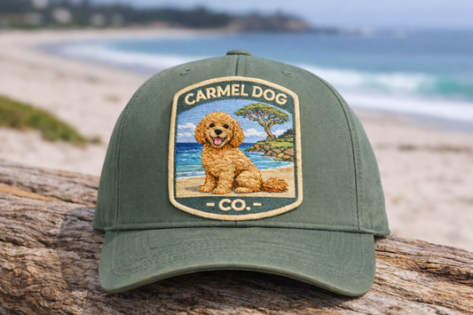 Green cap with a Doodle illustration and 'Carmel Dog Co.' text on a beach background