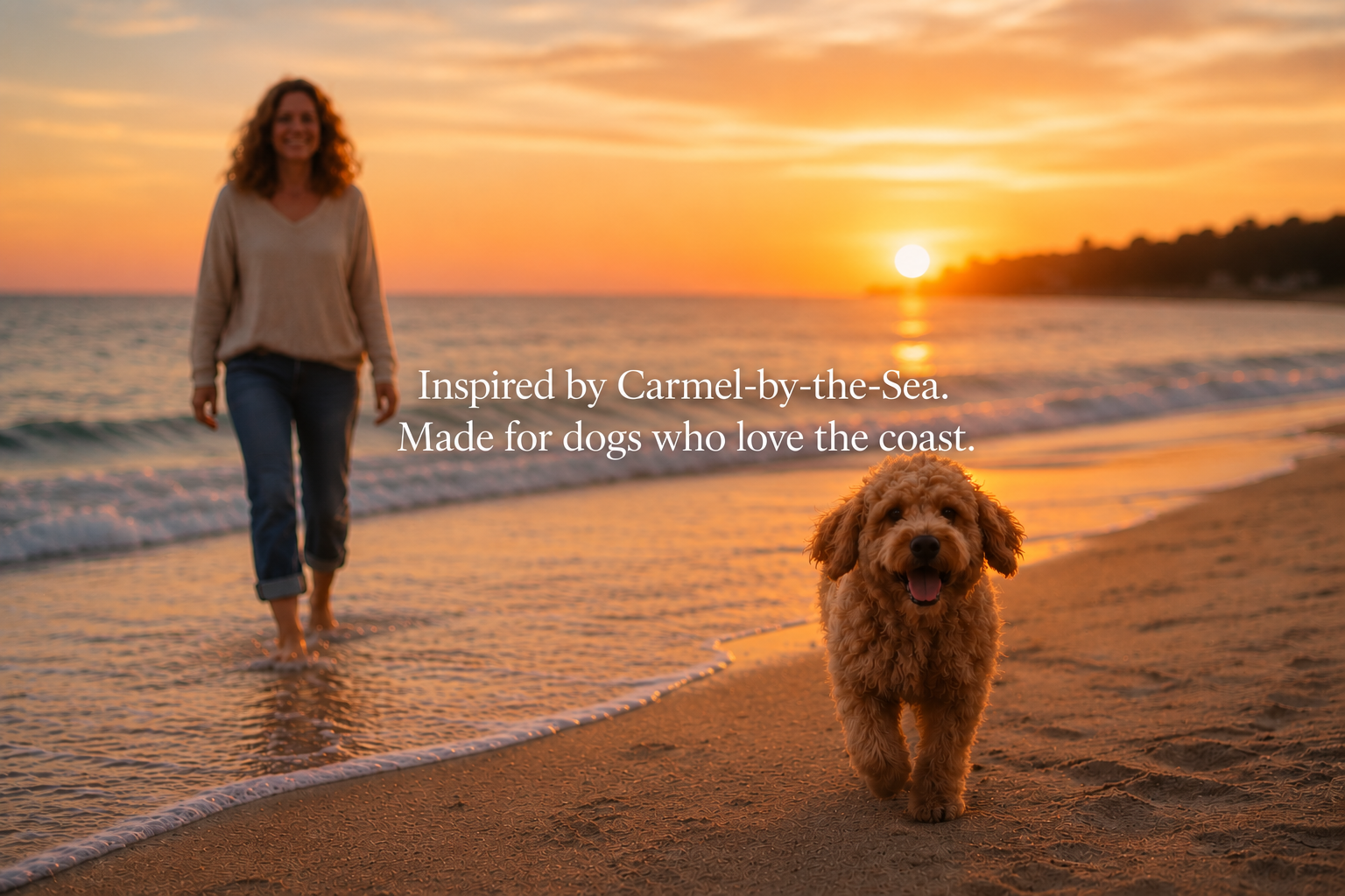 A woman walks in shallow ocean water at sunset while a golden retriever dog runs along the sandy beach toward the camera. White text across the center reads, 'Inspired by Carmel-by-the-Sea.