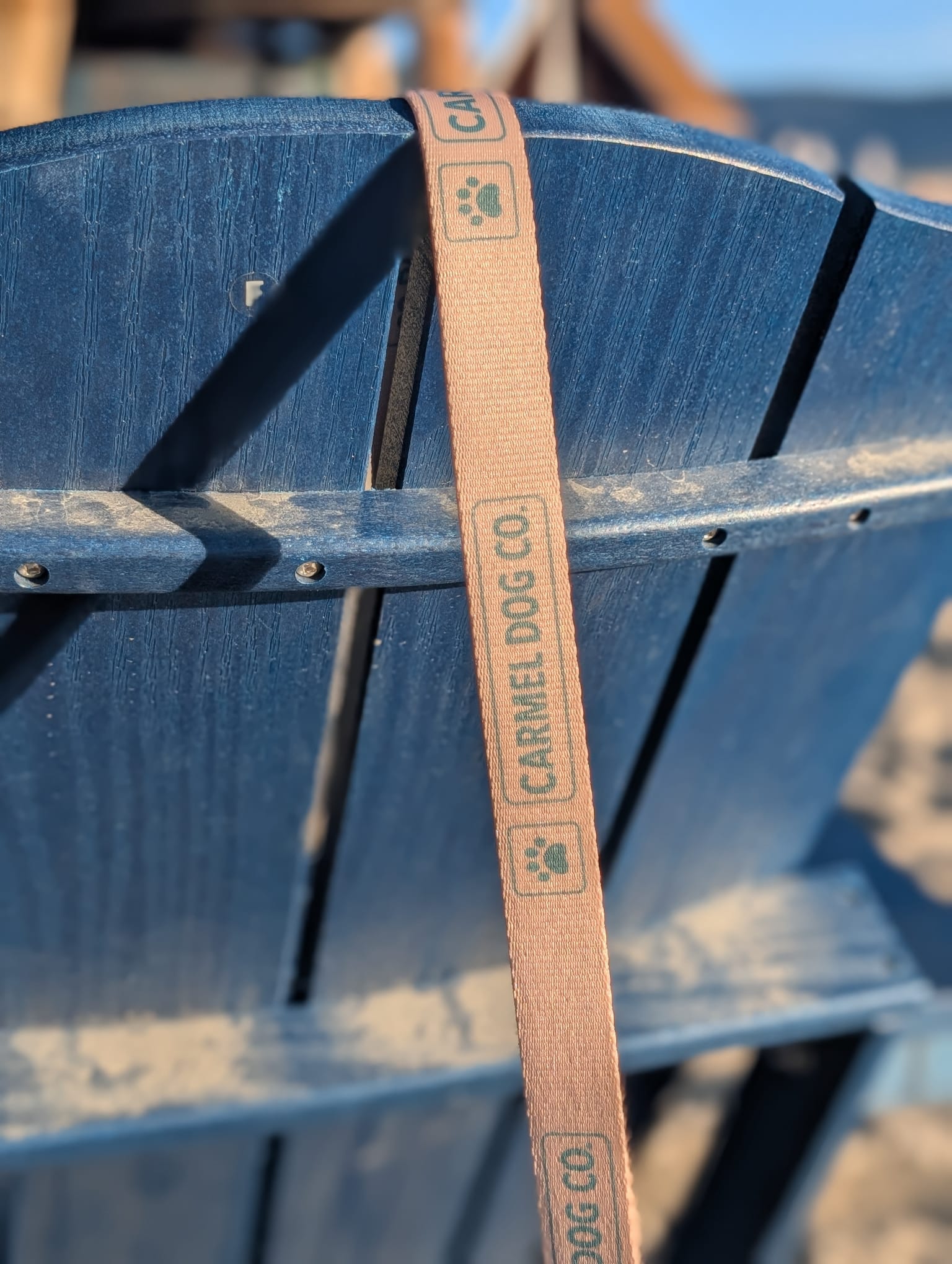 A close-up of a dune sand pet leash, printed with the brand name 'CARMEL DOG CO.' and a paw print logo, draped over a blue wooden chair in an outdoor setting.
