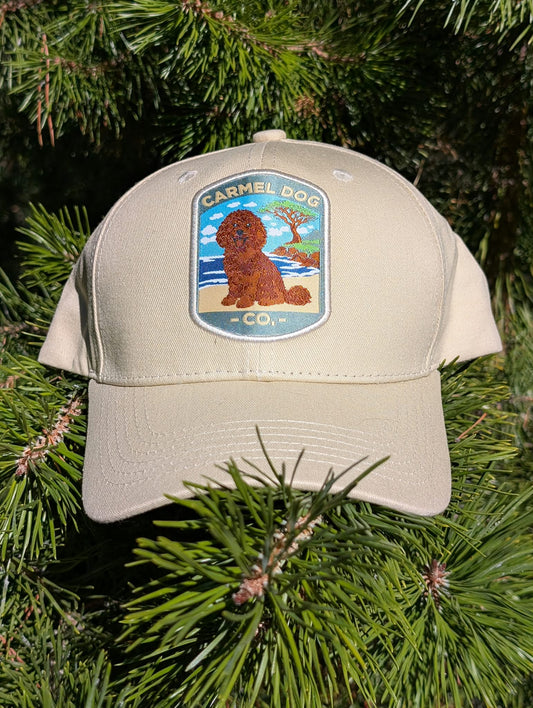 Cream Penny Apricot Doodle Hat with embroidered Carmel Dog Co. coastal patch, nestled among evergreen branches.